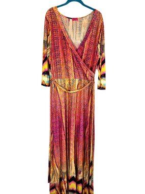 Colorful Wrap Maxi Dress Yellow 1X Tribal Boho Indie Festival Animal Print 90s